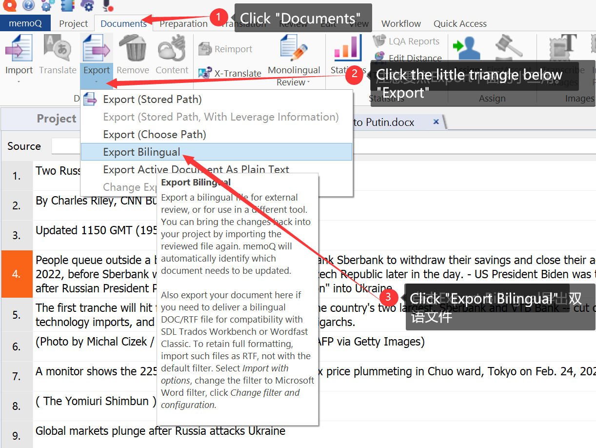  Exporting MemoQ bilingual files 